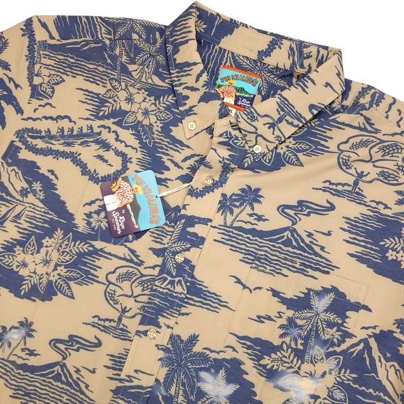 Reyn‎ Spooner Shirt Mens 2XL Beige Blue Hawaiian Joe Kealohas Stretch Aloha